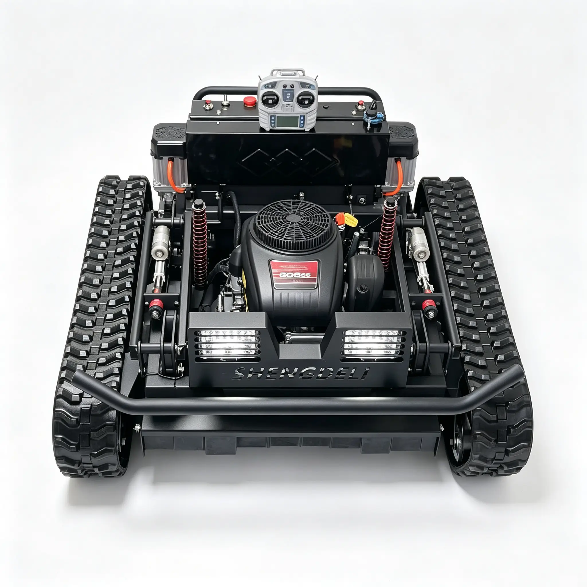 Tracked remote control slope mower with low-profile chassis